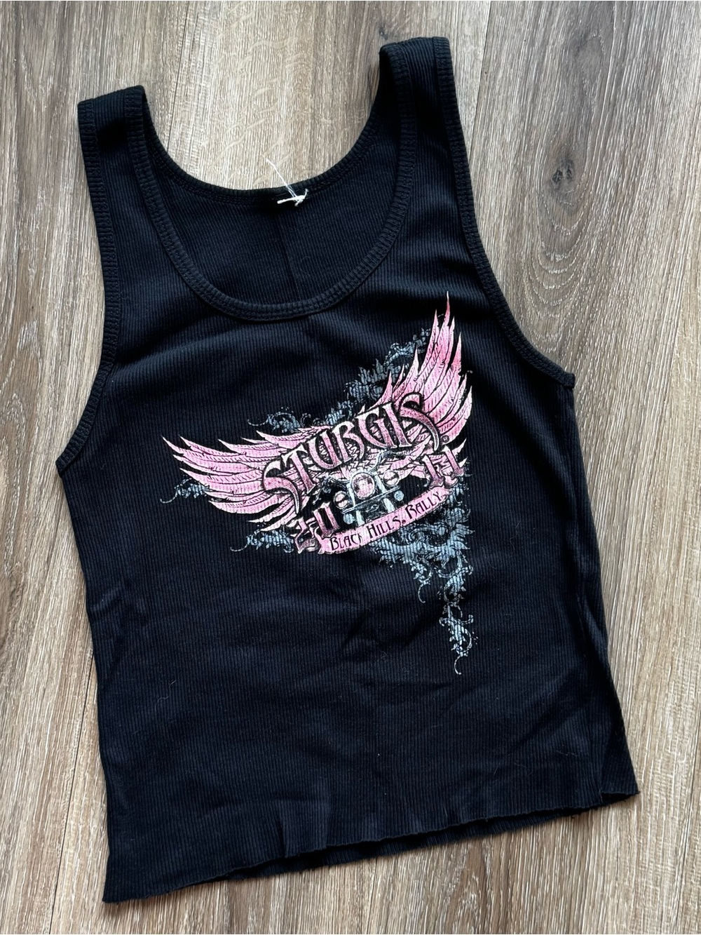 Black Ribbed Tank Top with Pink Graphic Wings